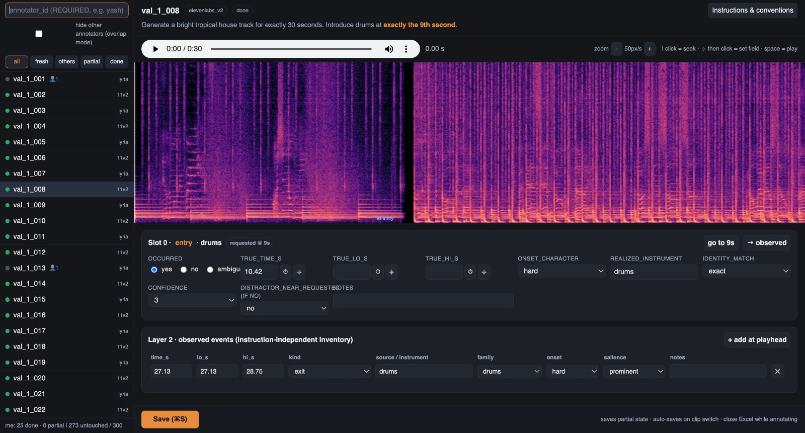 Annotation interface showing an audio player above a zoomable log-mel spectrogram, with a marked drum entry at the sixth second
