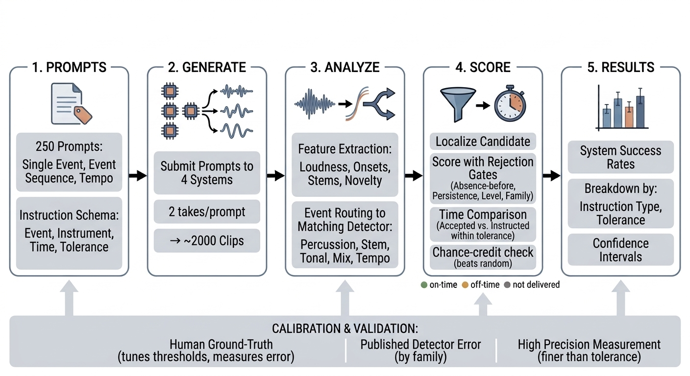 Scoring pipeline overview: every instructed event is routed to one detector, and a candidate onset must survive a cascade of rejection-only gates before being compared to the instructed time